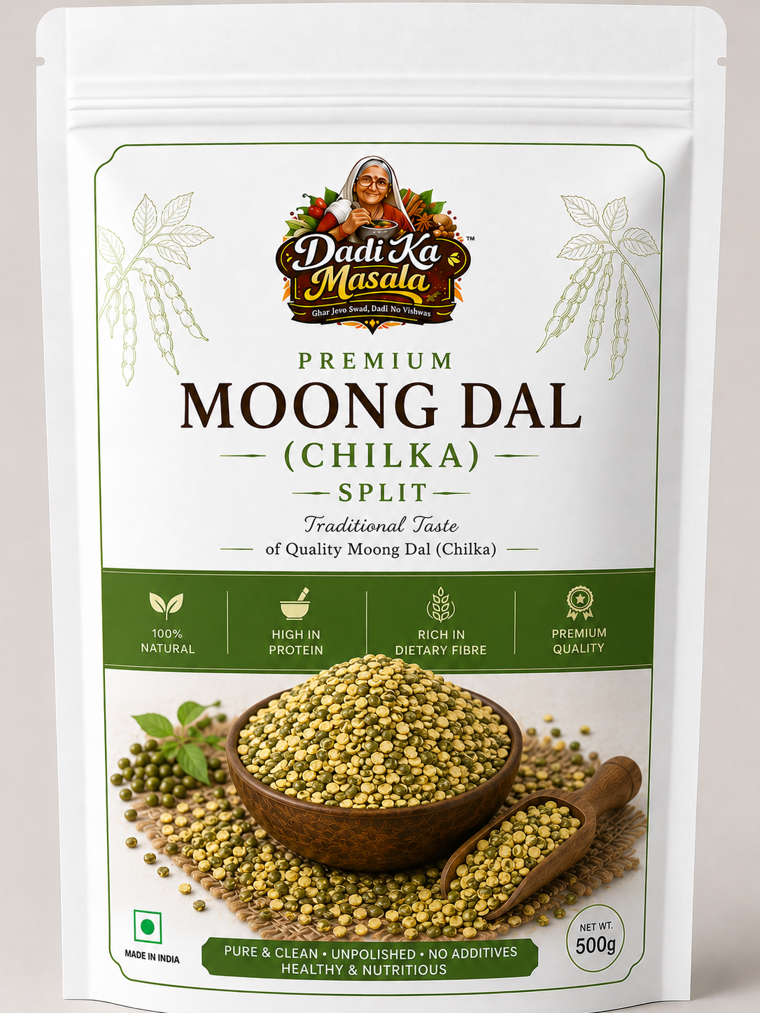 Dadi Ka Masala Moong Dal (Chilka) Split 500g - Premium Quality, Unpolished