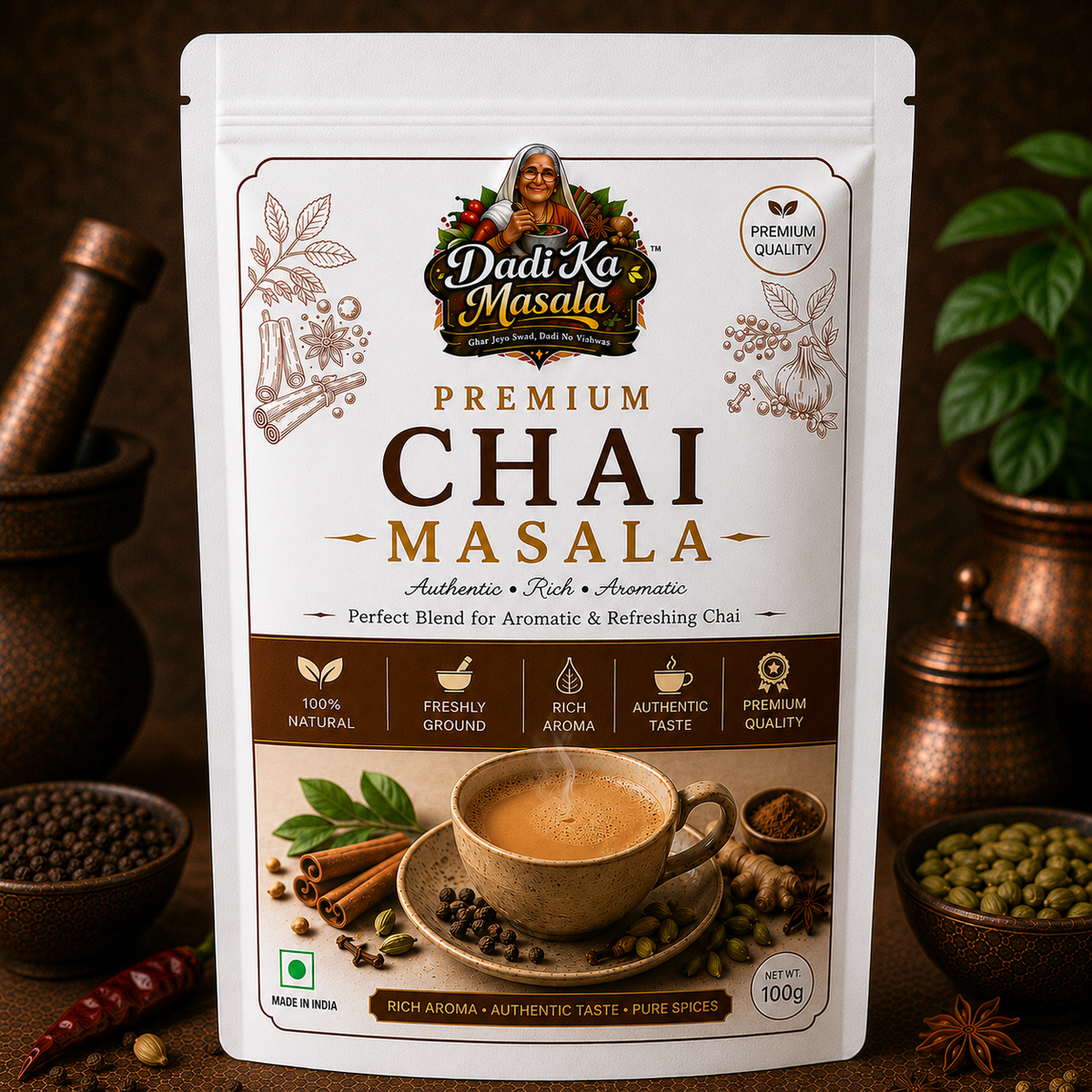 Dadi Ka Masala Premium Chai Masala Powder 100g | Authentic Indian Tea Masala | Freshly Ground Blend of Cardamom, Cinnamon, Ginger, Clove | 100% Natural | No Preservatives