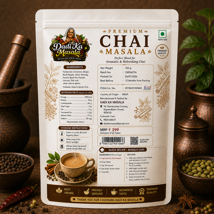 Dadi Ka Masala Premium Chai Masala Powder 100g | Authentic Indian Tea Masala | Freshly Ground Blend of Cardamom, Cinnamon, Ginger, Clove | 100% Natural | No Preservatives