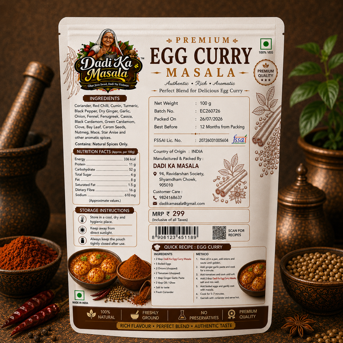 Dadi Ka Masala Premium Egg Curry Masala 100g | Authentic Restaurant Style Spice Blend