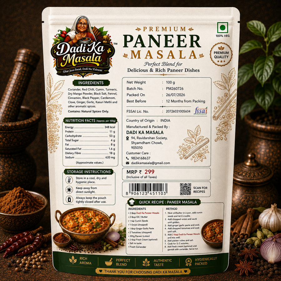 Dadi Ka Masala Premium Paneer Masala 100g | Restaurant Style Paneer Butter Masala & Kadai Paneer Spice Mix | 100% Natural | Freshly Ground