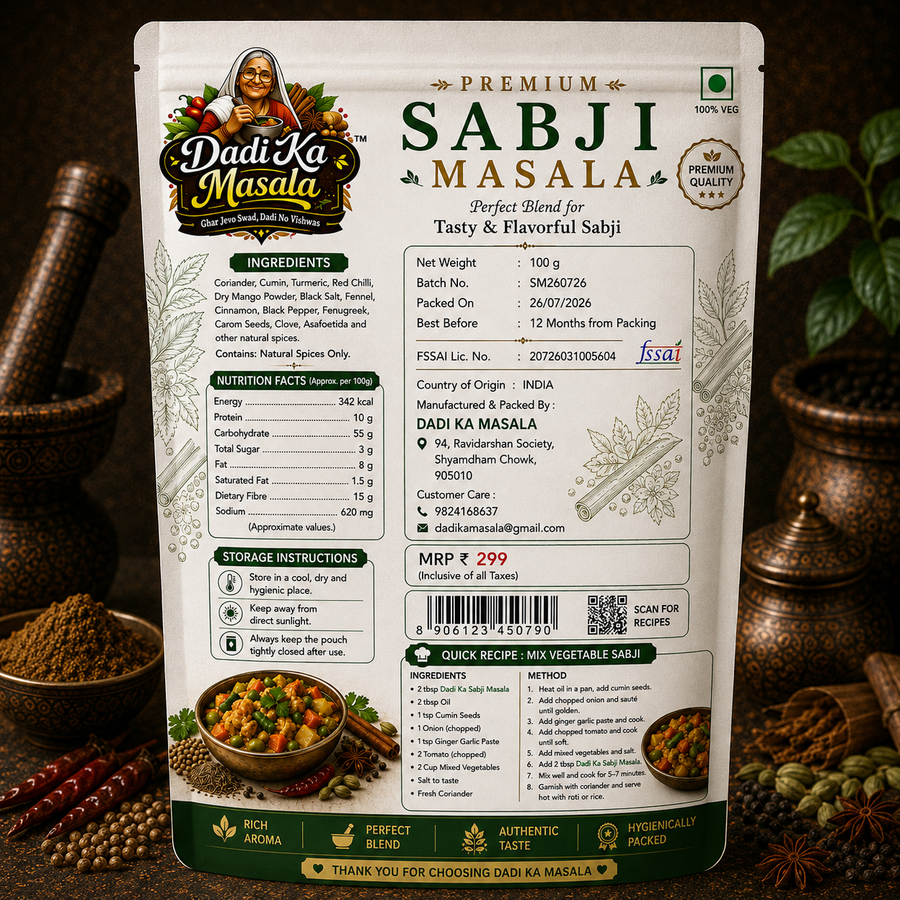 Dadi Ka Masala Premium Sabji Masala 100g | Authentic Indian Vegetable Curry Spice Mix | Freshly Ground | 100% Natural