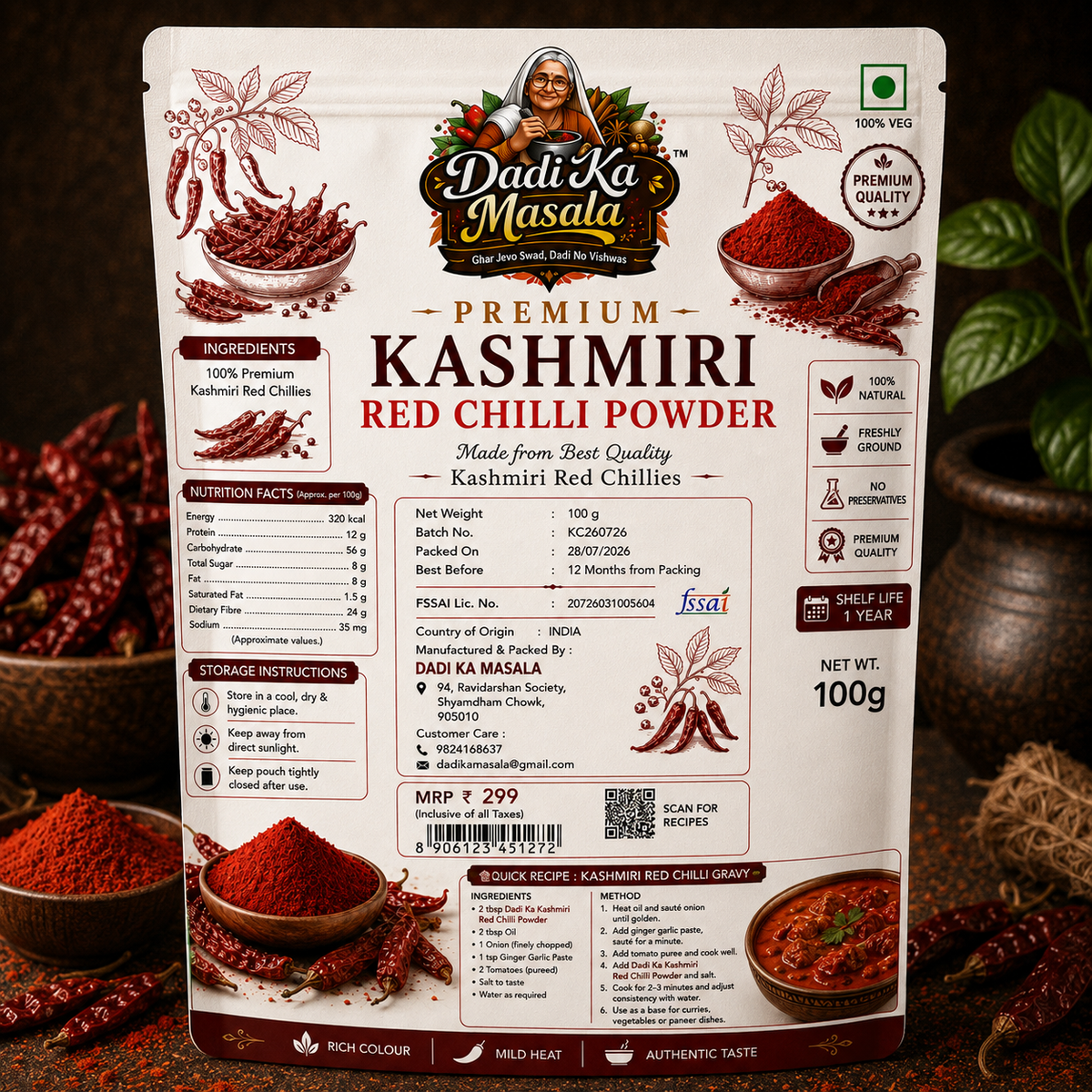 Dadi Ka Masala Premium Kashmiri Red Chilli Powder 100g | Pure Lal Mirch Powder
